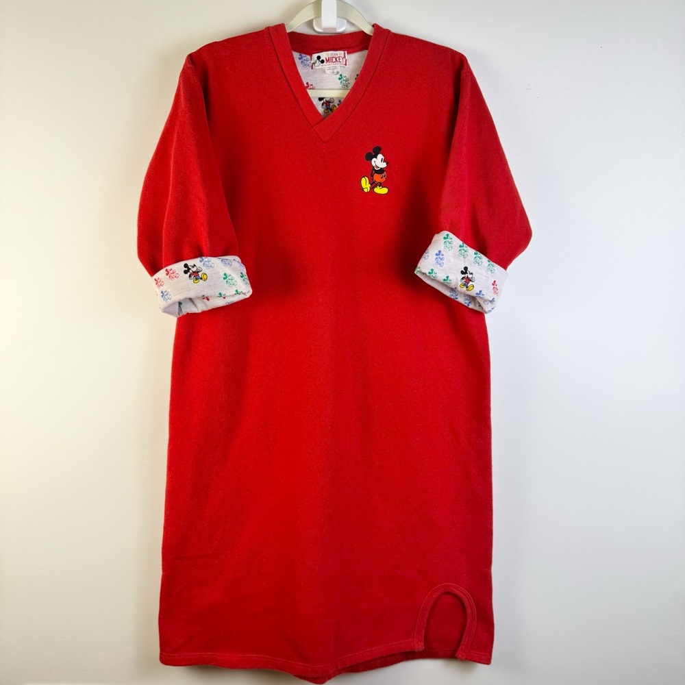 Vintage 80s Club Mickey Red Fleece Lined Nightgown Disney Sleep Shirt S/M Cozy
